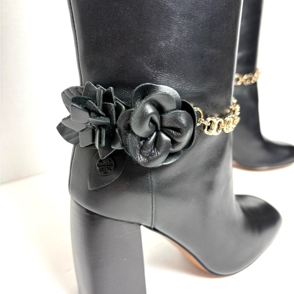 NEW Tory Burch Black Leather Blossom Boots Tall Gold Chain Flower Glam Sz 6 - Picture 4 of 14